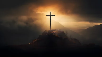 Fotobehang christ's cross with sunrise © Oleksandr