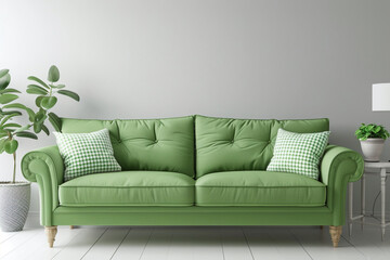 Living room mockup or setup with light green soft sofa with cushion and white plaid
