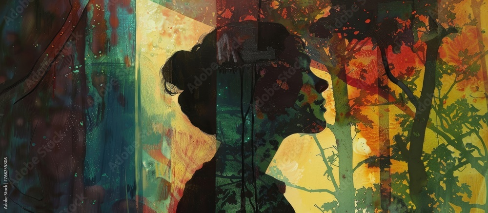 Poster a beautiful painting depicting a woman standing in front of a window with trees in the background, s
