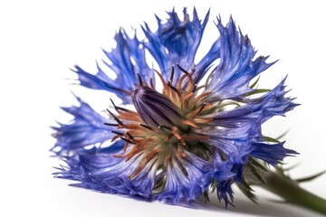 A close-up of a bright blue cornflower (Centaurea cyanus) or bachelor button flower is isolated on a white background. Selective focus. - obrazy, fototapety, plakaty