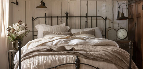 Quaint farmhouse style in a holiday bedroom, wrought-iron bed, soft linens, and antique bedside tables.