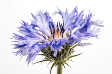 A close-up of a vibrant blue cornflower (Centaurea cyanus) or bachelor button flower is isolated on a white background. Selective focus. - obrazy, fototapety, plakaty