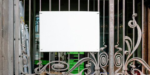 Square blank sign hanging on ornate wrought iron gate in front of a shop window. Suitable for...