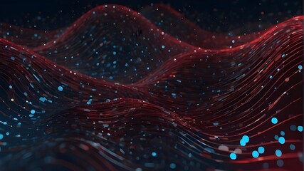 This abstract colorful wave background features digital light blue and light red particles, a confetti-like pattern of dots, and a dark orange color scheme. It may be used for creating red and blue wa