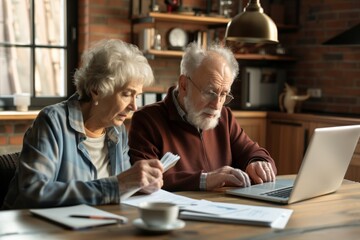 Elderly couple, old lady and man sitting together with a laptop and documents, discussing pension retirement plans, insurance, financial planning or vacation for seniors. 