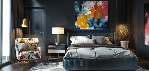 Sleek charcoal space, contemporary art, king-size bed, golden lamp, and a stylish floral chair.