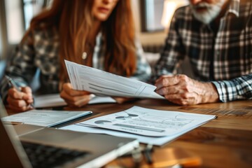 Elderly couple, old lady and man sitting together with a laptop and documents, discussing pension retirement plans, insurance, financial planning or vacation for seniors.  - obrazy, fototapety, plakaty