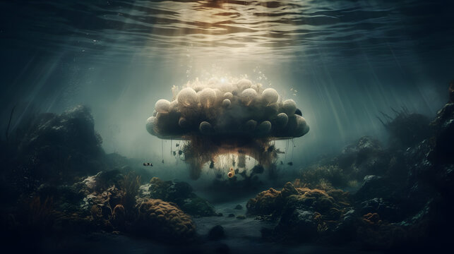 image of an atomic mushroom cloud lying underwater