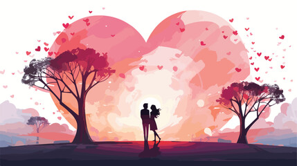 A couple embraces in a surreal landscape filled