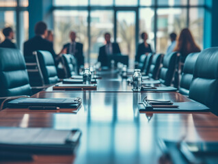 Boardroom table set for a meeting with business executives in blurred background