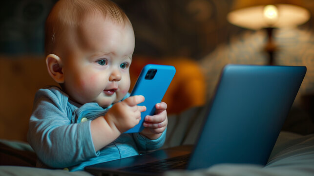 Early Digital Exploration. A curious baby interacts with a laptop and mobile phone, symbolizing early exposure to technology.