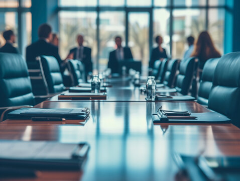 Boardroom table set for a meeting with business executives in blurred background