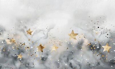 Background with watercolor paint splashes in gray color and golden stars.