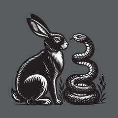Hare and snake.  Vintage retro engraving illustration. Black icon, isolated element  © Victoria