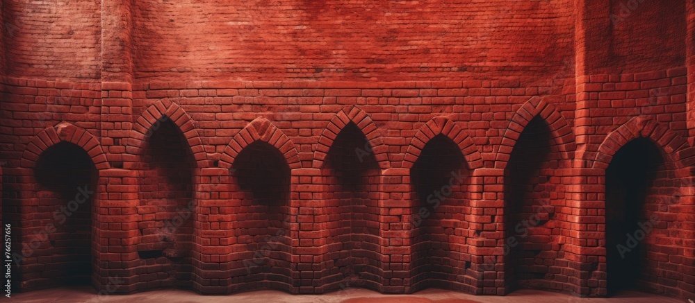 Poster a row of arches with intricate brickwork patterns adorns the magenta facade of the building, creatin