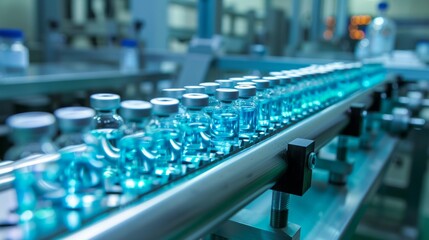 Medical vials on production line at pharmaceutical factory, Pharmaceutical machine working pharmaceutical glass bottles production line, health care, pandemic.