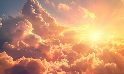 Beautiful evening sun surrounded by fluffy clouds background wallpaper. Scenic epic sunset cloudscape panoramic view. Warm light, dramatic shadows.	 - obrazy, fototapety, plakaty