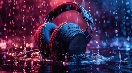 Headphones on the water in falling rains with color light - obrazy, fototapety, plakaty