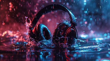 Headphones on the water in falling rains with color light