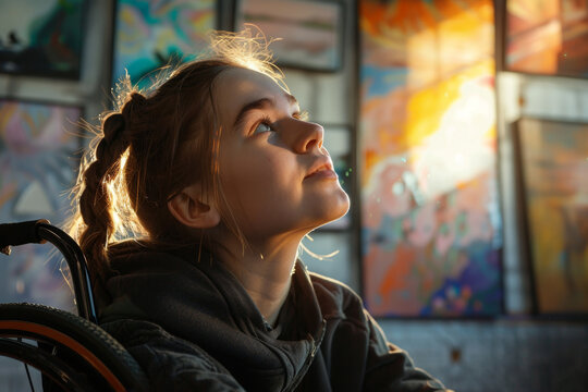 A close-up image of a beautiful girl in a wheelchair, her face illuminated by the warm light as she admires a piece of art in a gallery