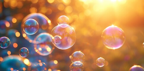 Shimmering soap bubbles dancing in the sunlight, creating a magical and mesmerizing display in the air