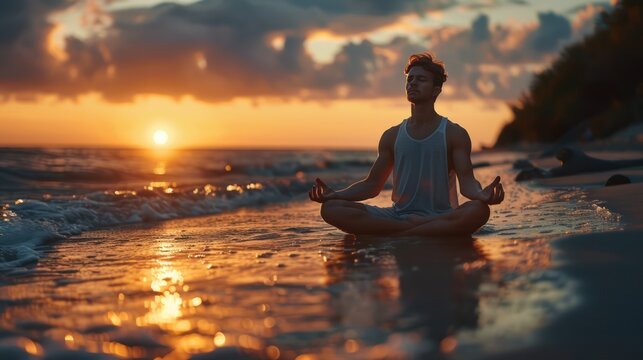 A Young man with closed eyes practicing yoga sit meditating in lotus pose at the beach at sunset time
