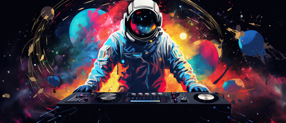 Astronaut DJ playing in space. - obrazy, fototapety, plakaty