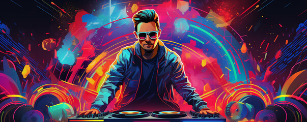 DJ with a colorful background, neon party. - obrazy, fototapety, plakaty