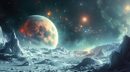 Majestic Celestial Landscape with Glowing Planet and Cosmic Formations