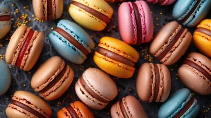 Foto op Canvas Close-up of macarons cakes of different colors in black background, Culinary and cooking concept, Tasty colourful macaroons, generative ai © OP38Studio