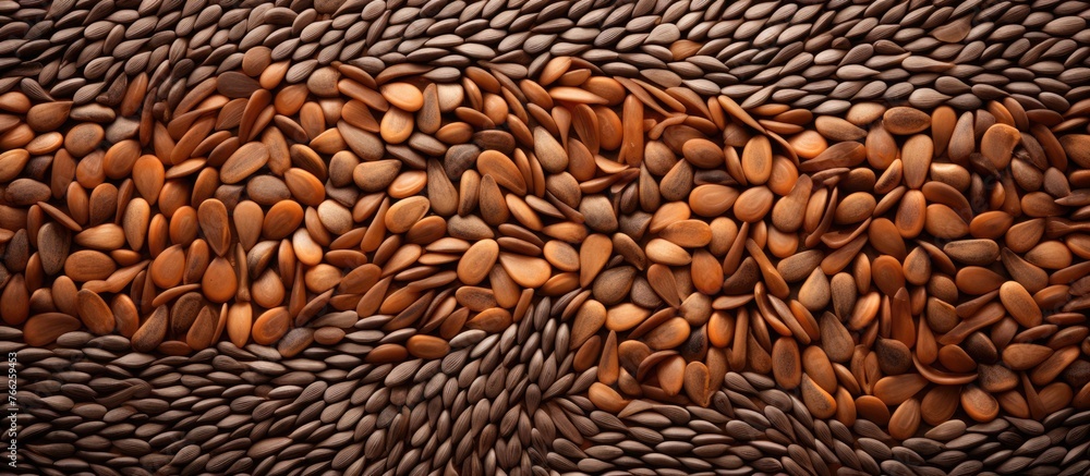 Poster a closeup of a pile of coffee beans, which are seeds from the fruit of the coffea plant. coffee bean