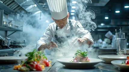 Professional Chef Skillfully Preparing Gourmet Dish in Commercial Kitchen with Steam and Smoke - obrazy, fototapety, plakaty