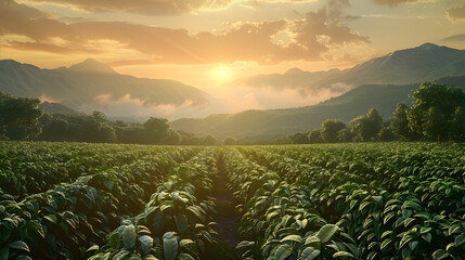 Sunset paints the sky over plantfilled field with distant mountains - obrazy, fototapety, plakaty