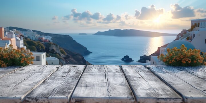 Empty white wooden table with Santorini view blurred with bokeh out of open window