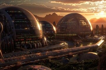 Futuristic space colony on remote planet with sleek domed habitats, advanced transportation, hovercrafts, and high-tech skyscrapers under an alien sun

 - obrazy, fototapety, plakaty