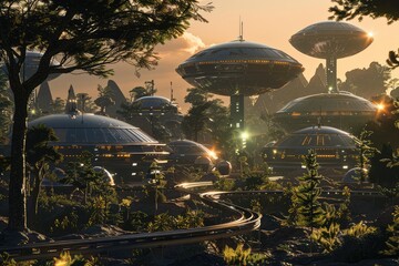 Futuristic space colony on a remote planet with sleek domed habitats, advanced transportation systems, hovercrafts, and gleaming solar panels - obrazy, fototapety, plakaty