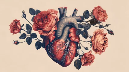 Fotobehang Valentines day card. Anatomical heart with flowers. Generative ai  © Malaika