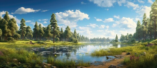 Fototapeta premium A serene lake sits at the heart of a lush forest, encircled by towering trees and vibrant plant life. The sky reflects in the calm water, creating a pictureperfect natural landscape