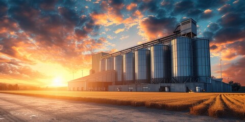 Agro storage granary elevator at an agro-processing plant for processing drying cleaning and storing agricultural products flour cereals and grain Granary bunkering of bulk cargoes with grain sunlight - obrazy, fototapety, plakaty