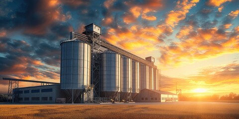 Agro storage granary elevator at an agro-processing plant for processing drying cleaning and storing agricultural products flour cereals and grain Granary bunkering of bulk cargoes with grain sunlight - obrazy, fototapety, plakaty