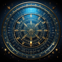 Zodiac signs on astrological circle on astrological beautiful background. Horoscope concept with symbols.Natal chart.