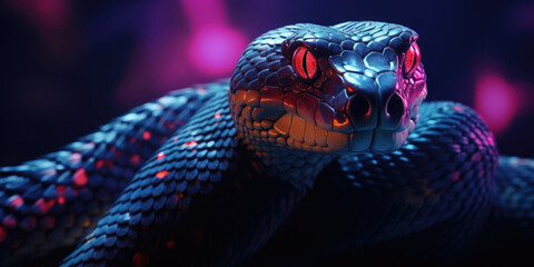 Glowing Snake in Blue and Purple Light on Black Background - 2025 Year Illustration with Magical Aura