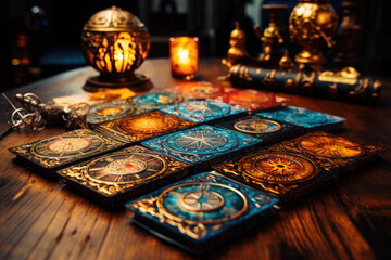 Card container by candlelight. Revealing the secret of fate. Astrology - obrazy, fototapety, plakaty