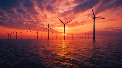 Foto op Canvas Offshore Wind Turbines Farm At sunset  © Emil