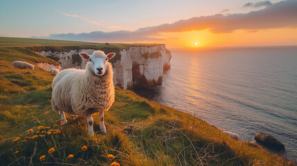 Sheep grazing at the Seven sisters cliffs, East Sussex, England. - obrazy, fototapety, plakaty