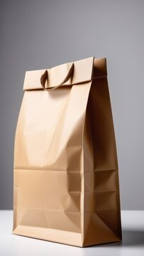 A brown paper bag with a handle is sitting on a white background. The bag appears to be empty and has a slightly torn appearance. Concept of simplicity and minimalism