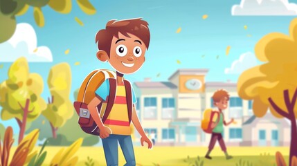 Cheerful little boy having fun and running from the school, Summer Holidays concept