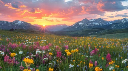 Wildflowers Field With Background Mountains