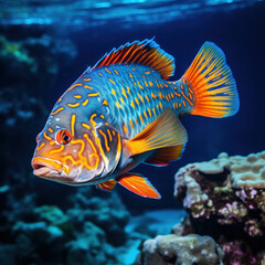 Discover the mesmerizing reflections of a rock beauty fish in clear blue waters, enhanced by polarizing filters. AI generative