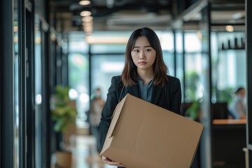 Fototapeta premium Dismissal, Frustrated Fired face of the Employee Woman Packing Belongings In Cardboard Box Leaving Workplace Standing In Modern Office